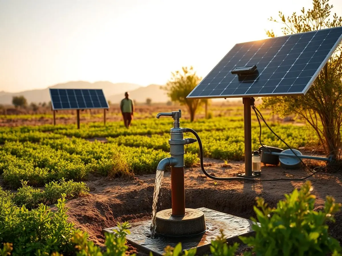 Solar powered water pump irrigating a green farm field near Ghazni